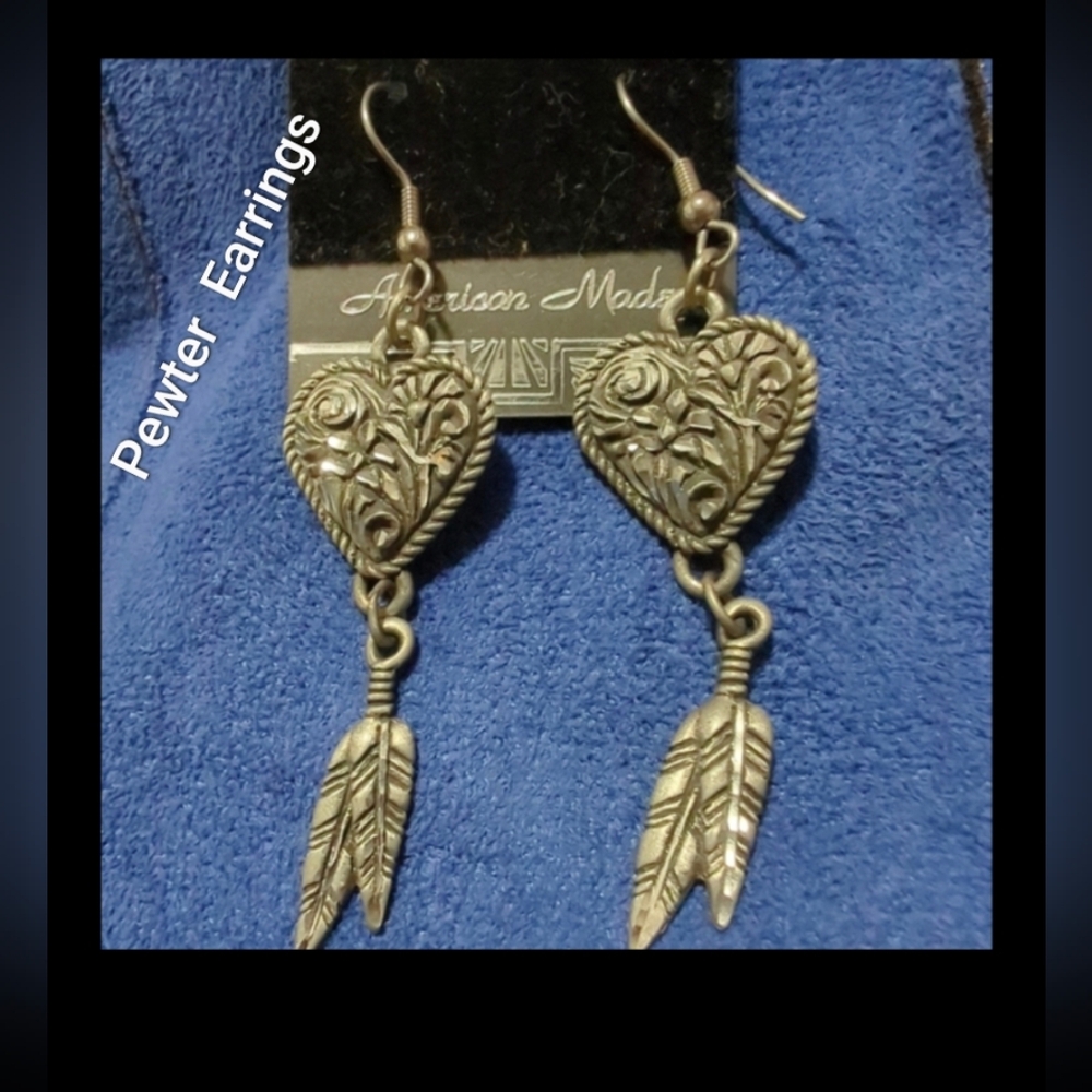 Earrings Pewter Hearts w/Feathers American Made New W/Tags